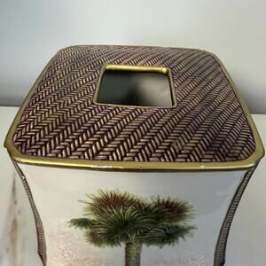 Palm Breeze Tissue Box Cover Ceramic Bronze Gold Painted Raised Relief Palm Tree